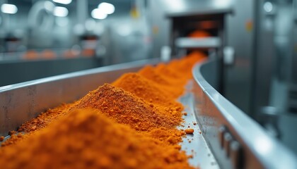 Bright orange spice powder moves along metal conveyor in automated factory. Piles of seasoning travel on assembly line for mass food industry production. Modern manufacturing workflow.