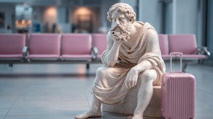 A classical stone sculpture, pondering with a suitcase, sitting on a bench in a modern, blurred terminal