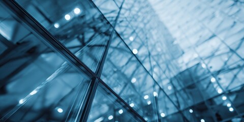 Modern Corporate Building Glass Facade with Geometric Details and Lights