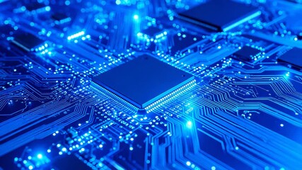 Detail of blue electronic circuit board with integrated chip and interconnects for modern technology systems and data processing - Powered by Adobe