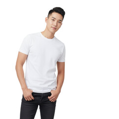 Fototapeta premium Confident Korean Asian man wearing white t-shirt with hands in pockets looks cool and casual for your brand
