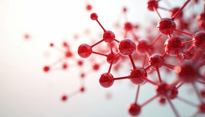 Red astaxanthin molecules connected forming complex structure. Organic compound visual, scientific research, health wellness, cell biology. Vibrant abstract background.