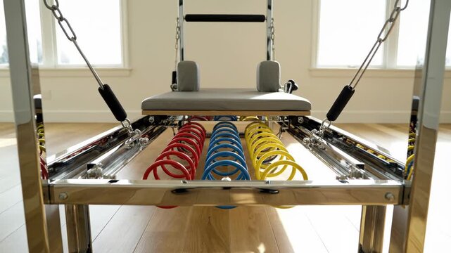Modern Pilates Reformer Machine with Resistance Springs for Core Strength and Fitness Training in a Bright Studio