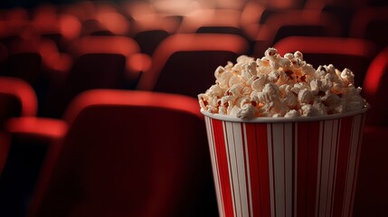 A close-up shows a large popcorn container in a striped design, overflowing with fluffy, buttery kernels. The background is a soft blur of red theater seating
