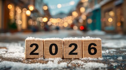 Happy New Year 2026 made of wooden digits on snow background