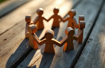 Wooden figures form circle holding hands. Figures symbolize unity, togetherness, community, group effort on wooden table. Connection, support, friendship.