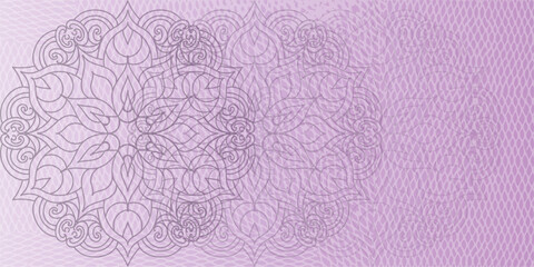 Lilac grunge background with ornate linear mandala pattern. Background for decoration invitation, cards, logos, cover, brochure, flyer, banner. Islam, arabic, Indian, ottoman motifs