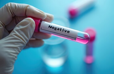 Obraz premium Gloved hand holds vial with negative test result for disease. Medical laboratory research for virus or illness detection. Accurate scientific diagnosis.