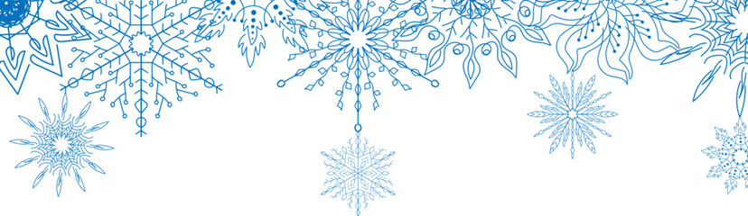 Christmas border for a headline or banner with blue snowflakes on a transparent background