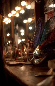 Feather masquerade mask on makeup table with vanity mirror lights