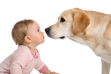 Gentle dog carefully sniffing a baby with calm behavior. Natural and safe interaction between baby and family pet isolated on transparent background, PNG.