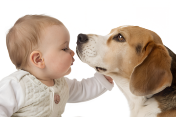 Close-up portrait of a baby and a dog side by side. Emotional bond and tenderness between infant and pet isolated on transparent background.