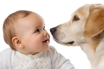Close-up portrait of a baby and a dog side by side. Emotional bond and tenderness between infant and pet isolated on transparent background.
