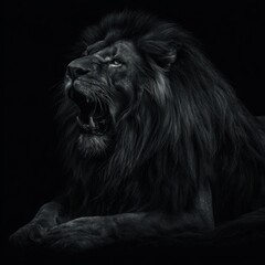 Roaring Black Lion with Intense Gaze on Dark Background