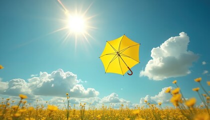 Yellow umbrella floats in bright sun above field of yellow flowers. Blue sky with fluffy clouds forms background. Outdoors scene suggests summer day and peaceful relaxation.