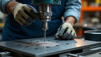 A person operating a drill press on a metal sheet in an industrial workshop