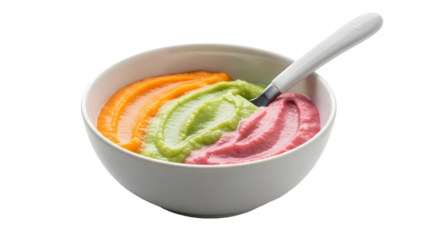 Colorful Pureed Baby Food in a Bowl with a Spoon, Delicious and Nutritious Options