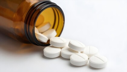 White round tablets fly out of an amber glass jar on a clean background, symbolizing health, medicine and pharmaceutical care.