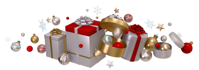 3d Christmas card, holiday wallpaper. Assorted Christmas baubles and gift boxes. Transparency, 3D render, PNG.