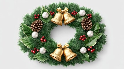 Green Christmas Wreath With Gold Bells Pinecones Red Berries White Ornaments And Green Leaves On White Background