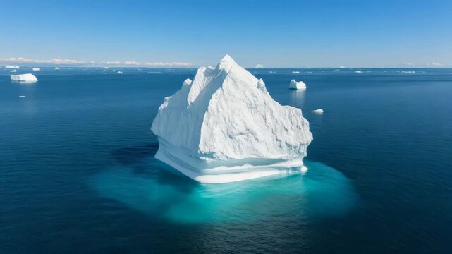 Large iceberg floats in clear blue water near a distant shoreline under bright sunlight during the day