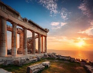 Ancient ruins bathed in golden sunset light, classical columns against a vibrant sky overlooking the serene sea, evoking timeless history and architectural beauty