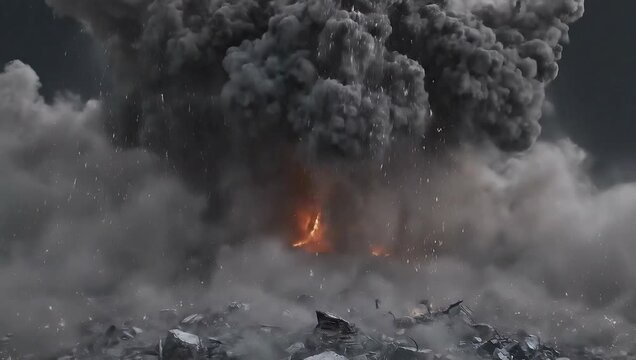 Massive explosion with debris flying through dark smoky sky