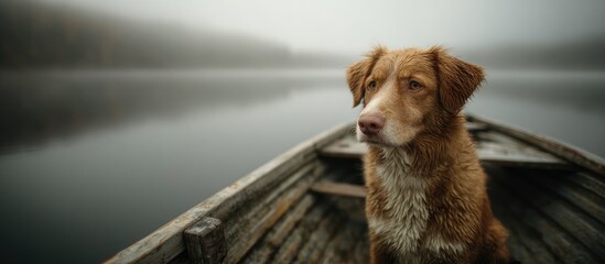 Alert Brown Dog Sitting Calmly in Wooden Rowboat on Foggy Lake