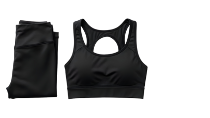Black sports bra and leggings on a white background showcasing athletic wear