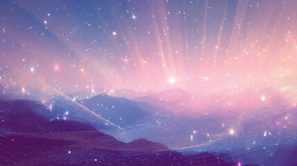 A dreamy scene of ethereal light spilling over a mountain range with shimmering stars and a digital mesh