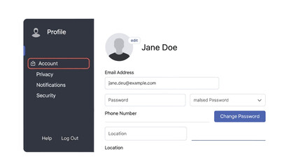 Obraz premium A user is shown editing their account information on a digital profile page, including fields for email, password, and phone number.