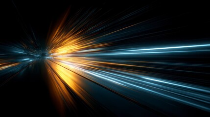 A dynamic, abstract composition of light streaks in contrasting blue and gold against a dark, seemingly infinite background