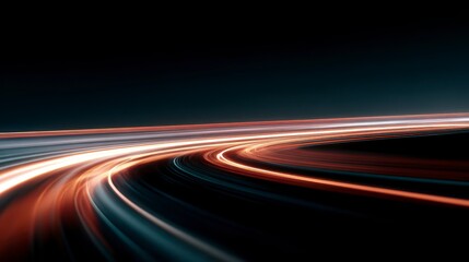 A dynamic abstract composition with curving light trails against a dark backdrop, creating a sense of motion and speed