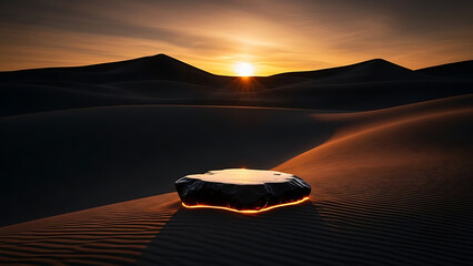 Serene desert landscape with glowing car at sunset