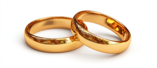 Pair of Gold Rings Sparkling on White Background Jewelry Romance