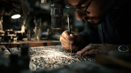Craftsman carefully carving detailed metal patterns for casting focusing on metalworking techniques and fine surface detailing in an industrial studio.