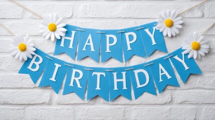 Happy Birthday Blue Pennant Banner with Daisies on White Brick Wall