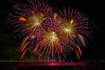 Colorful fireworks celebration and the night sky background with crowded people on the beach.