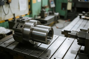 Metallic mechanical component on a workbench in an industrial workshop