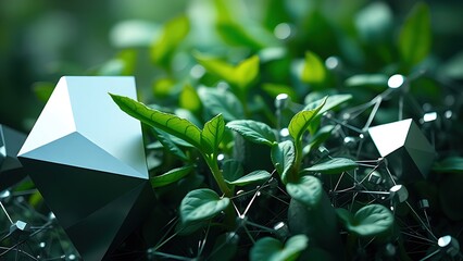  Nature and technology concept with organic plant patterns merging with geometric green and silver shapes. 