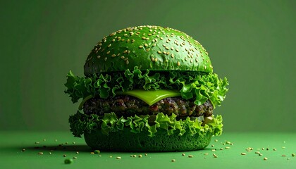 Juicy gourmet burger with green bun, melted cheese, fresh lettuce and patty, dramatic dark green background, cinematic lighting, high detail, food photography style.
