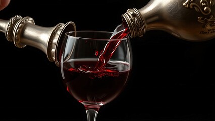  An antique silver flagon pours deep red wine into a crystal glass.