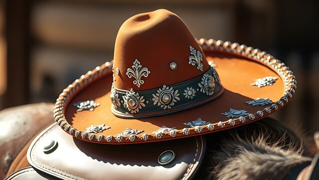  An ornate Mexican charro hat resting on a leather saddle. 