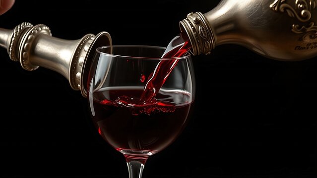  An antique silver flagon pours deep red wine into a crystal glass.