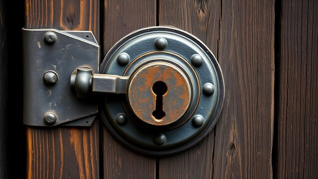  Antique prison door lock with rusted keyhole, heavy iron construction and patina on weathered wood. 