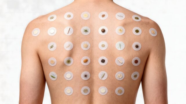Patch test for contact allergies on patient's back. Multiple allergens, diagnostic procedure.