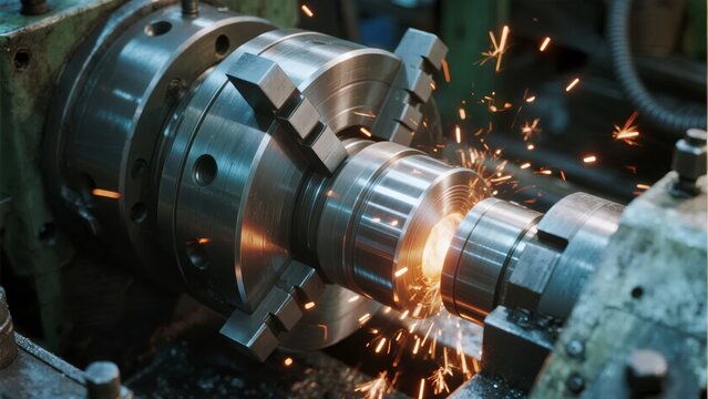 Metalworking lathe machine cutting metal with sparks flying during industrial machining process - Powered by Adobe