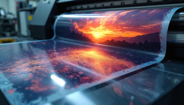 Large format printer outputs vivid image on glossy paper. Dynamic sunset reflecting on water. High quality print process in modern print shop. Vivid colours displayed on material.