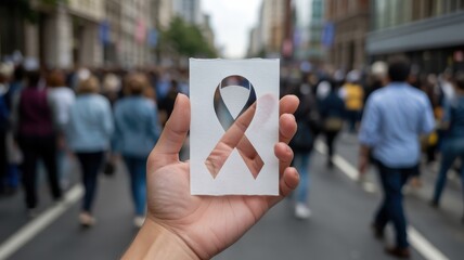 Person holding awareness ribbon in crowded street