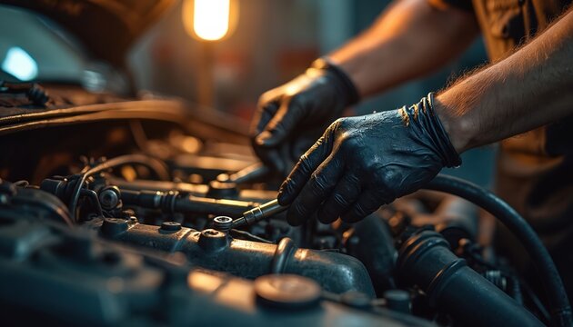 Gloves on hands fix car engine parts in auto repair shop. Mechanic uses tools to work on vehicle motor for maintenance repair. Skilled technician performs auto service in workshop with warm lighting.